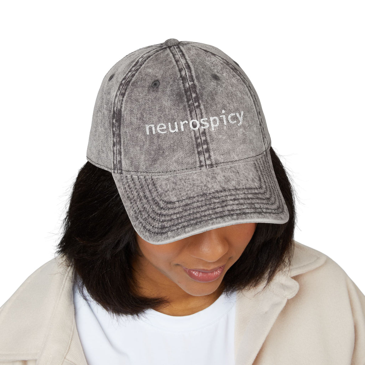 Neurospicy Embroidered Vintage Cap — Washed Grey Retro Dad Hat