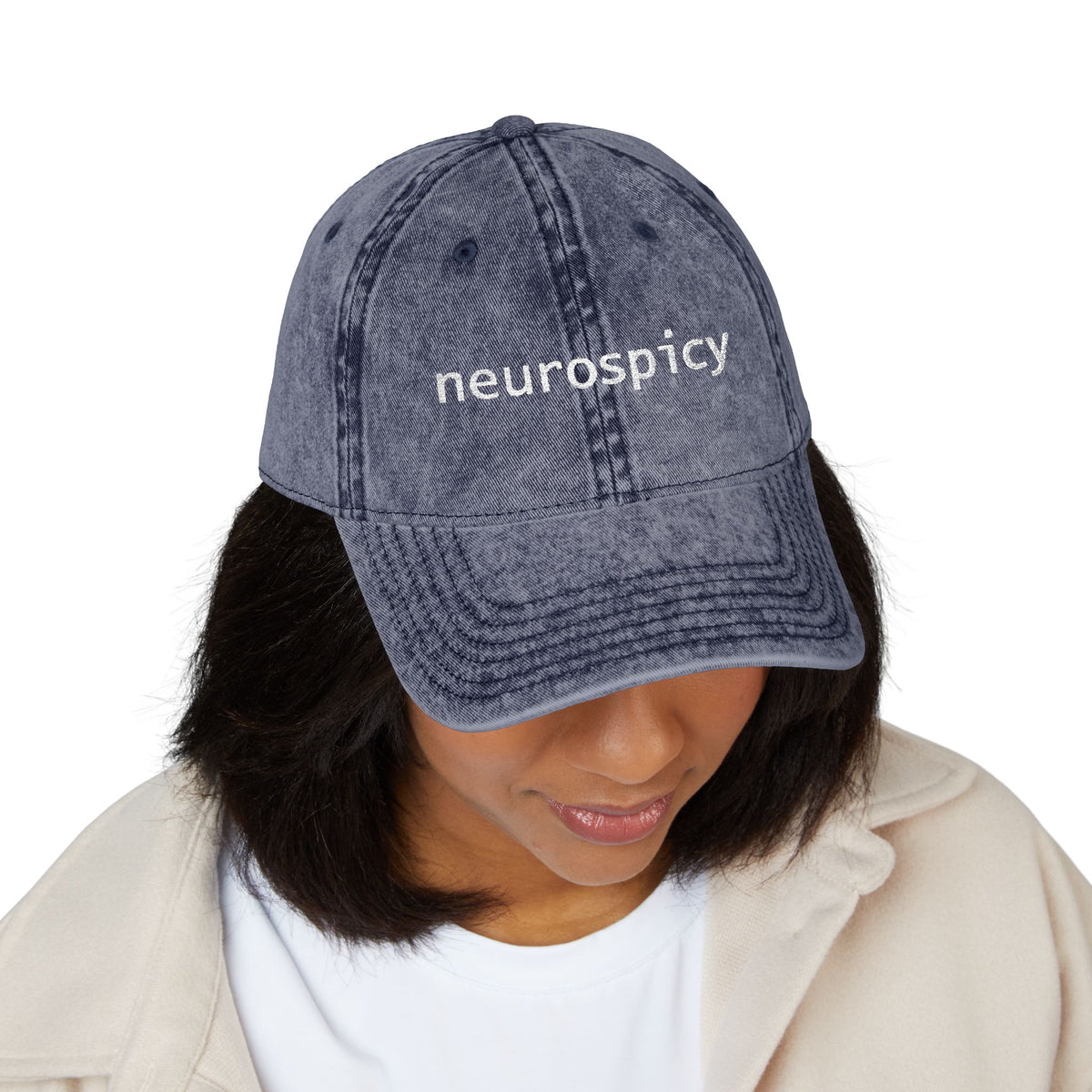 Neurospicy Embroidered Vintage Cap — Washed Grey Retro Dad Hat